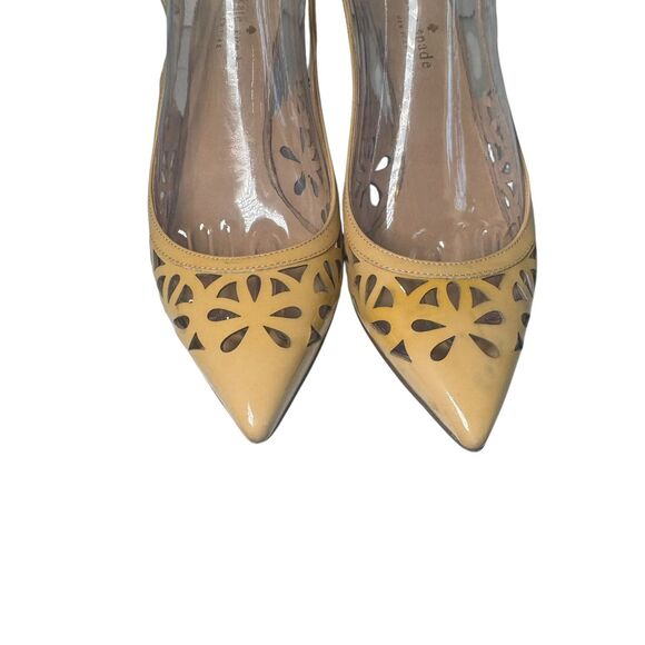 Kate Spade Heels Sandals Women 7B Jacey Shoes Nude Brown Patent Laser Slingback - Picture 2 of 16